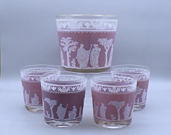 Vintage/MCM Glass Ice Bucket and Rocks Glasses, Jeannette Glass Company, Hellenic, Lavendar, 1960s