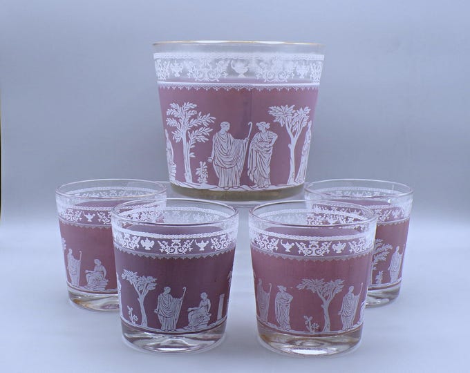 Vintage/MCM Glass Ice Bucket and Rocks Glasses, Jeannette Glass Company, Hellenic, Lavendar, 1960s
