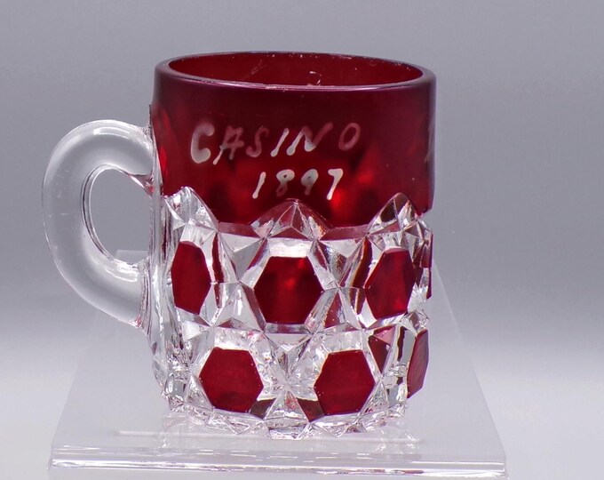 Early American Pressed Glass Souvenir Mug, Multiple Makers, Block (aka) aka Captain Kidd; Columbia; Hexagon Row; Eva; Pioneer #250;