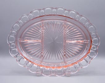 Pink Depression Glass Platter, Hocking Old Colony Lace Edge, 5-Part
