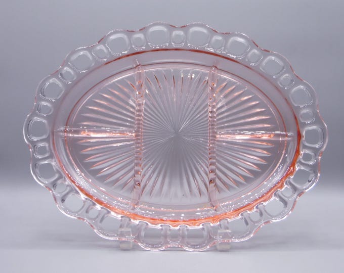 Depression Glass 5 Part Platter, Hocking Glass Company, Old Colony aka Lace Edge, Pink, 1935- 1938