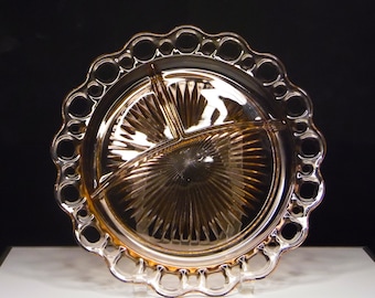 Depression Glass Grill Plate, Hocking Glass Company, Old Colony (OMN) aka Lace Edge; Open Lace, Pink 1935 - 1938