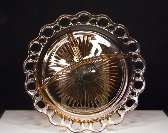 Depression Glass Grill Plate, Hocking Glass Company, Old Colony (OMN) aka Lace Edge; Open Lace, Pink 1935 - 1938