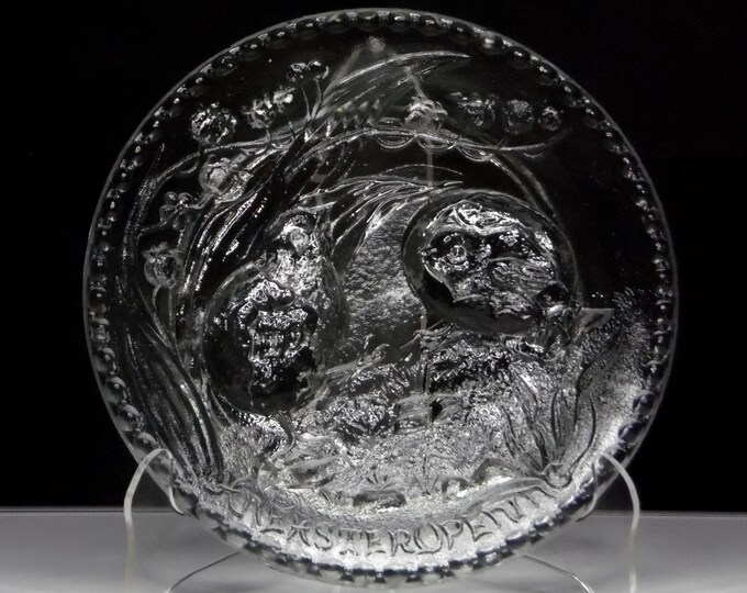 Early American Pressed Glass Novelty Plate, Unknown Maker, Decorative Embossed Easter Plates (AKA) aka Easter Opening; Mother Goose, c 1902