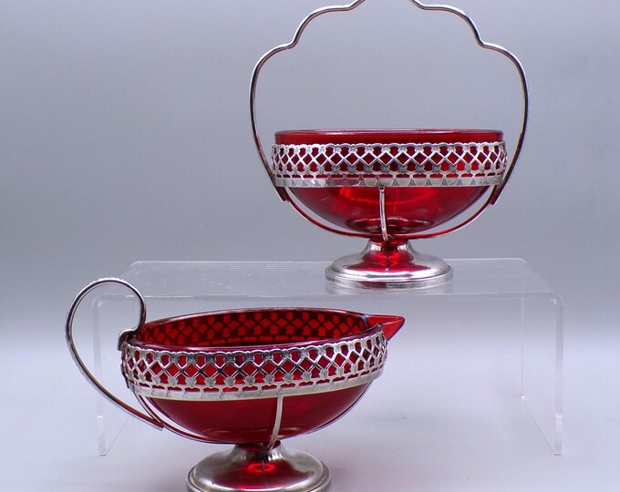Vintage Glass Sugar and Creamer, Mayell and Comp, England, Queen Anne Line Ruby Glass in Silver Plate Holders c 1930s