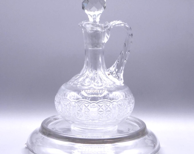 Early American Pressed Glass Cruet: Adams Cottage Dinner Bell, Fine Cut Band