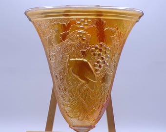 Carnival Glass Wall Pocket, Unknown Maker, Birds and Grapes, Marigold, 1920s