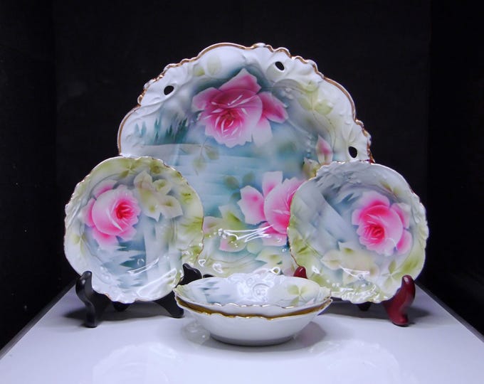 Porcelain Berry Set: Prove Sxe; E S Germany; Pink Roses, 1900-1920