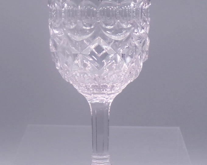 Early American Pressed Glass Wine Glass, Thompson Glass Company, TG #28 (OMN) aka Draped Red Block; Loop and Block; introduced 1893