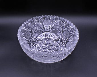 American Brilliant Cut Glass Bowl: Fleur-de-Lis & Harvard Cut, c1900-1910