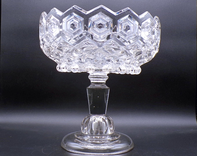Early American Pressed Glass Compote: Hexagonal Bulls Eye, c 1880s