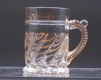 Early American Pressed Glass Mug, Westmoreland Specialty Company, Puritan (OMN) c 1900