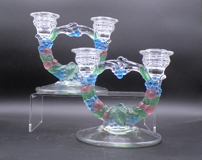Vintage Glass Double Light Candlesticks, Indiana Glass Company, Garland, Blue Grape, 1950s