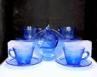 Cobalt Blue Depression Glass Cup and Saucer Set, Royal Lace, Hazel Atlas