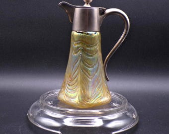 Art Nouveau Period Art Glass Spirits Flask, Pallme' - Konig, Bohemia, Drawn Feather Pattern, Yellow Iridescent 1895 - 1905