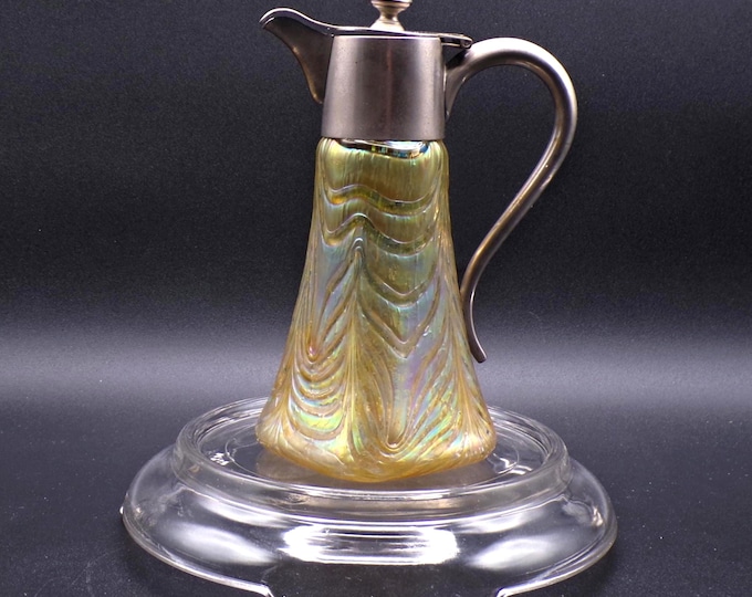 Art Nouveau Period Art Glass Spirits Flask, Pallme' - Konig, Bohemia, Drawn Feather Pattern, Yellow Iridescent 1895 - 1905