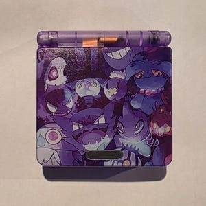 Ghost Pokemon (Gengar, Haunter) Shell Swapped Custom Game Boy Advance SP with IPS Screen Mod, & USB-C Mod for charging, Purple Gameboy