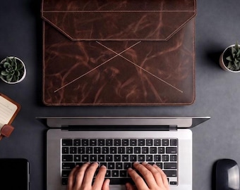 Personalized Full Grain Leather MacBook Sleeve: Wool Lined, Magnetic Closure