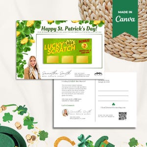 St. Patricks Day Realtor Postkarte Vorlage | Glücks-Rubbelkarte | Makler | Bearbeitbare Canva Vorlage | 18x18, 18x18, Postkarte