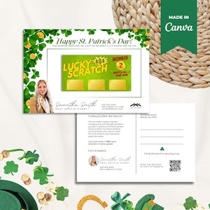 Peut inclure: Une carte postale verte sur le thème du trèfle à trois feuilles avec un jeu à gratter pour un agent immobilier. La carte postale dit "Joyeuse Saint-Patrick !" et "Vous vous sentez chanceux ce mois de mars ?" avec un point d'interrogation bonus et le texte "Trouvez les 3 et gagnez".