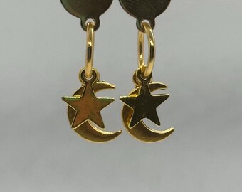 Crescent moon and star gold drop earrings