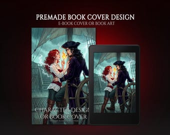 Premade Digital Book Cover For Fantasy Romance, Stormy Pirate Couple Character Design Art