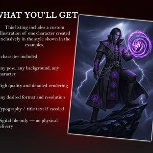 May include: Digital illustration of a dark-haired figure in a black and purple coat, holding a glowing purple orb. The image is set against a stormy sky with lightning. Text on the left side reads "WHAT YOU'LL GET".