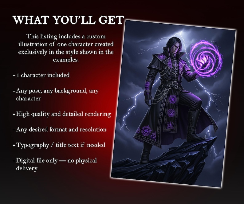May include: Digital illustration of a dark-haired figure in a black and purple coat, holding a glowing purple orb. The image is set against a stormy sky with lightning. Text on the left side reads "WHAT YOU'LL GET".
