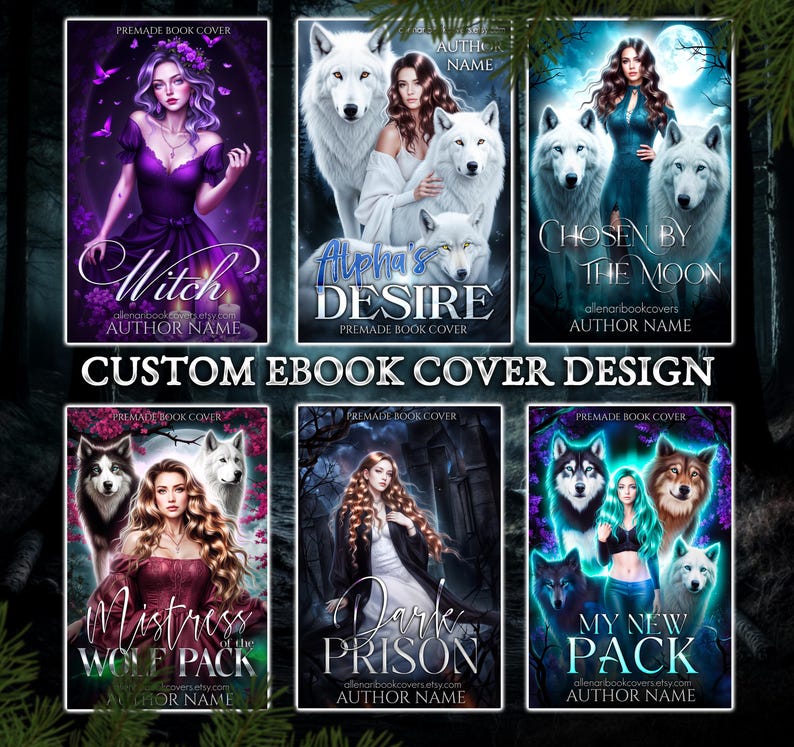 Puede incluir: Una colecci&oacute;n de seis portadas de libros predise&ntilde;adas con mujeres y lobos. Las portadas est&aacute;n dise&ntilde;adas para novelas de romance de fantas&iacute;a. Las portadas presentan una variedad de colores y dise&ntilde;os, incluyendo morado, azul, blanco y negro. El texto en las portadas incluye los t&iacute;tulos "Witch", "Alpha's Desire", "Chosen by the Moon", "Mistress of the Wolf Pack", "Dark Prison", y "My New Pack".
