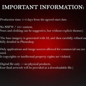 Informational graphic for a custom digital character illustration commission. Lists production time, no-NSFW policy, AI-assisted base rendering refined in Photoshop, commercial-use safe sources, and digital-file-only delivery. Useful for book cover art buyers and custom fantasy artwork clients.