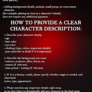 Informational graphic explaining revision policy and how to describe a character for a custom fantasy illustration. Includes notes about up to three major revisions, adding background elements, and providing character appearance and setting details. Designed for book cover and OC art commissions.