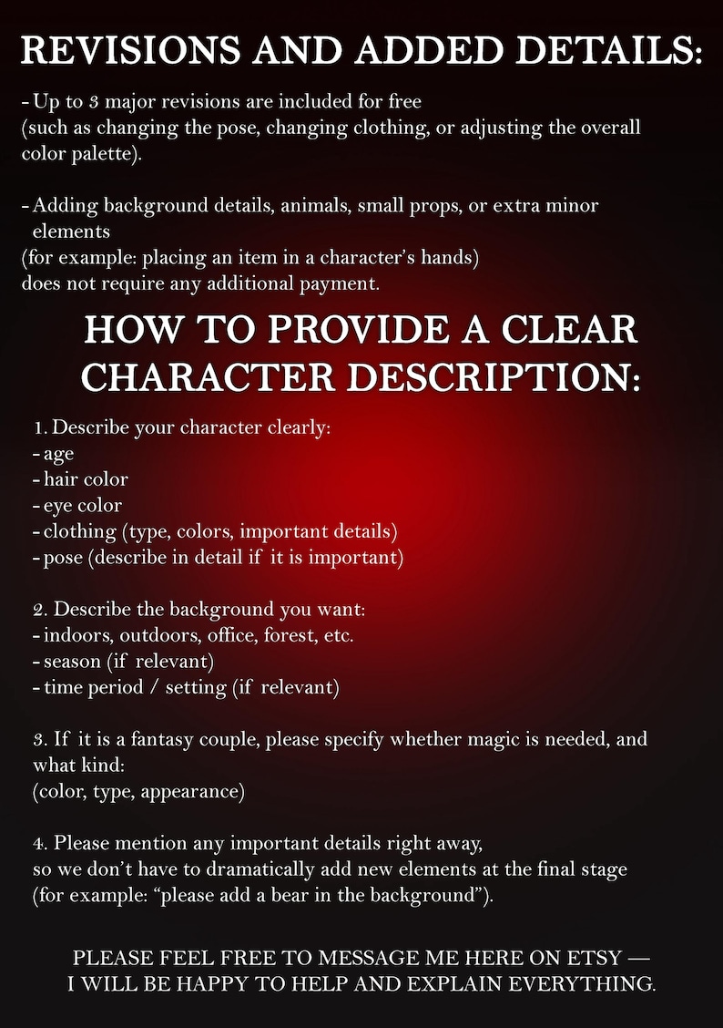 Informational graphic explaining revision policy and how to describe a character for a custom fantasy illustration. Includes notes about up to three major revisions, adding background elements, and providing character appearance and setting details. Designed for book cover and OC art commissions.