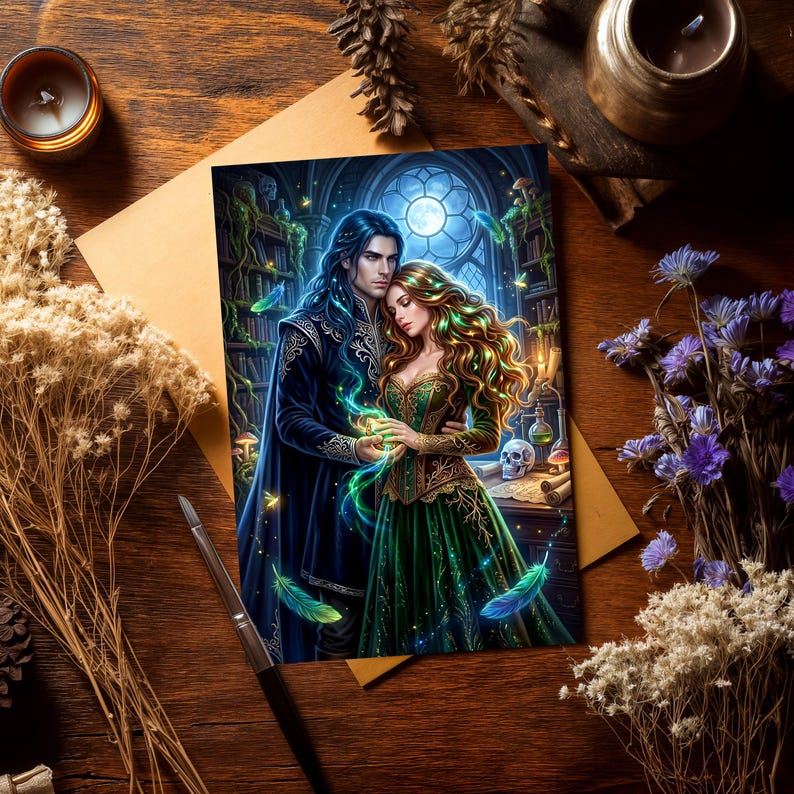 Dark academia book art of an intimate couple. A dark-haired man and a woman in a green gown hold glowing magic. Original fantasy character design set in a gothic magical library with potions, a skull, floating feathers, and a full moon.