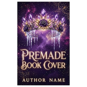 May include: A book cover design featuring a crown adorned with purple crystals and dark roses, with icicles hanging from the base. The background is a deep purple nebula with stars. The text reads PREMADE BOOK COVER and AUTHOR NAME.