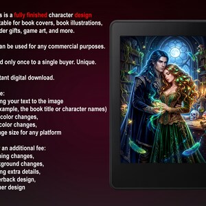Dark academia book art of an intimate couple. A dark-haired man and a woman in a green gown hold glowing magic. Original fantasy character design set in a gothic magical library with potions, a skull, floating feathers, and a full moon.