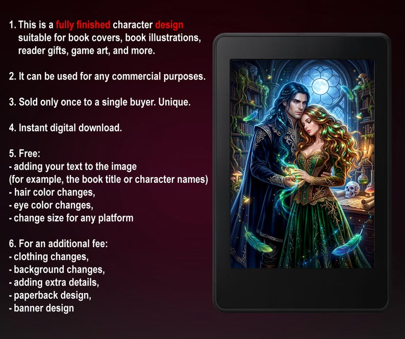Dark academia book art of an intimate couple. A dark-haired man and a woman in a green gown hold glowing magic. Original fantasy character design set in a gothic magical library with potions, a skull, floating feathers, and a full moon.