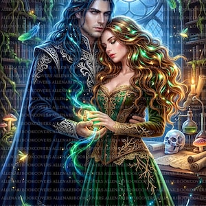 Dark academia book art of an intimate couple. A dark-haired man and a woman in a green gown hold glowing magic. Original fantasy character design set in a gothic magical library with potions, a skull, floating feathers, and a full moon.