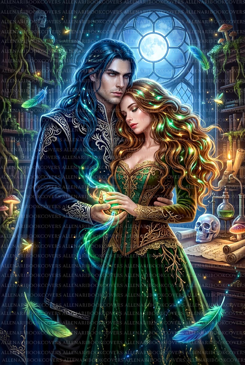 Dark academia book art of an intimate couple. A dark-haired man and a woman in a green gown hold glowing magic. Original fantasy character design set in a gothic magical library with potions, a skull, floating feathers, and a full moon.