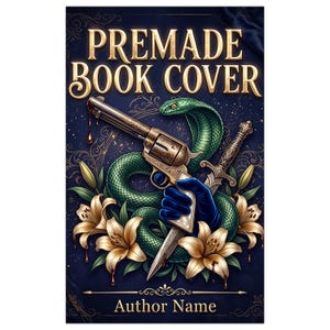 Könnte beinhalten: Ein Buchcover mit dem Text PREMADE BOOK COVER oben und Author Name unten. Eine dunkelblau behandschuhte Hand hält einen metallischen Revolver und einen Dolch, umgeben von einer grünen Schlange und goldenen Lilien auf dunkelblauem Grund.