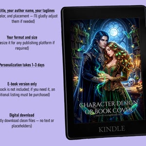 Dark academia book art of an intimate couple. A dark-haired man and a woman in a green gown hold glowing magic. Original fantasy character design set in a gothic magical library with potions, a skull, floating feathers, and a full moon.