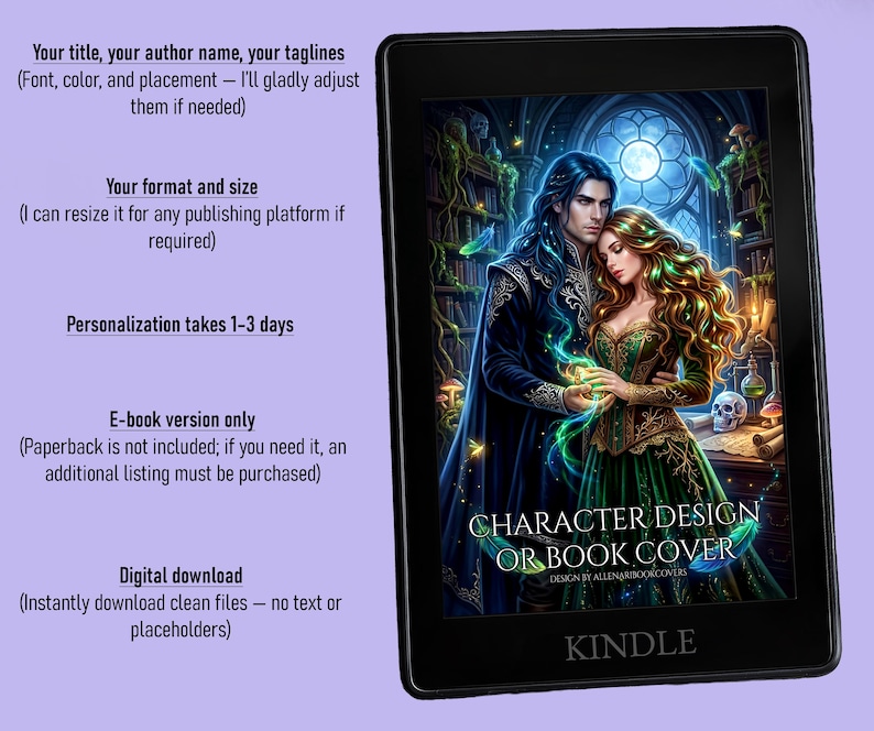 Dark academia book art of an intimate couple. A dark-haired man and a woman in a green gown hold glowing magic. Original fantasy character design set in a gothic magical library with potions, a skull, floating feathers, and a full moon.