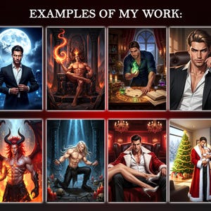Collection of high-detail fantasy romance character illustrations featuring powerful male characters in dramatic lighting and atmospheric environments. Ideal for romance book covers, OC portrait commissions, DnD character art, story-driven digital artwork, and illustrated novel scenes.