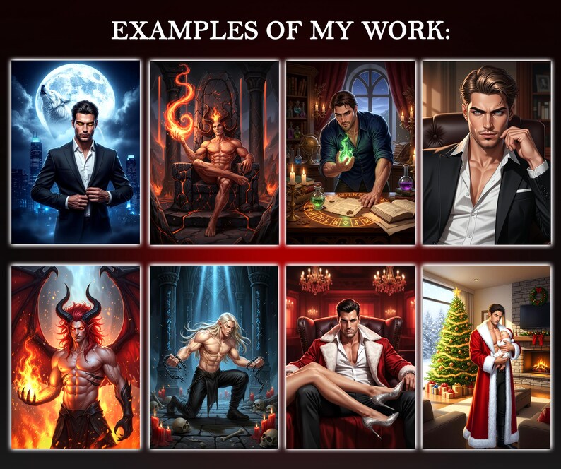 Collection of high-detail fantasy romance character illustrations featuring powerful male characters in dramatic lighting and atmospheric environments. Ideal for romance book covers, OC portrait commissions, DnD character art, story-driven digital artwork, and illustrated novel scenes.