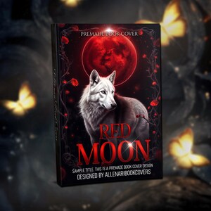 Spersonalizowana okładka książki fantasy - projekt Białego Wilka i Czerwonego Księżyca, niestandardowa grafika do e-booka i książki w miękkiej oprawie z licencją komercyjną, sztuka zwierząt