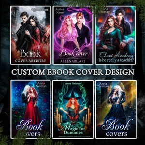 Puede incluir: Seis portadas de libros diferentes con varios temas de fantas&iacute;a y romance. Las portadas presentan parejas, una bruja y un edificio escolar. El texto en las portadas incluye "Book Cover Artistry", "Book cover ALLENARI_ART", "Chaos Academy Is he really a teacher?", "Book covers", "Magic for Dummies DEMONS CANDLES, AND A LITTLE CHAOS", y "Book covers".