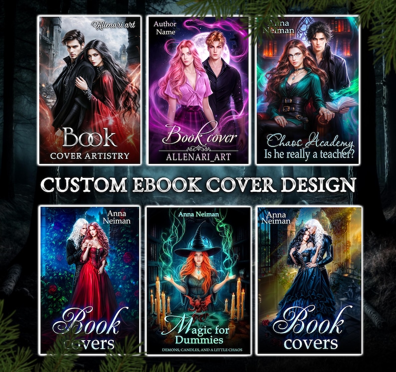 Puede incluir: Seis portadas de libros diferentes con varios temas de fantas&iacute;a y romance. Las portadas presentan parejas, una bruja y un edificio escolar. El texto en las portadas incluye "Book Cover Artistry", "Book cover ALLENARI_ART", "Chaos Academy Is he really a teacher?", "Book covers", "Magic for Dummies DEMONS CANDLES, AND A LITTLE CHAOS", y "Book covers".