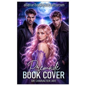 Könnte beinhalten: Ein digitales Buchcover mit einer Frau mit rosa Haaren und zwei Männern. Fantasy-Thema mit See und Mond im Hintergrund. Der Text "Premade Book Cover or Character Art" und die Etsy-Shop-URL sind enthalten.