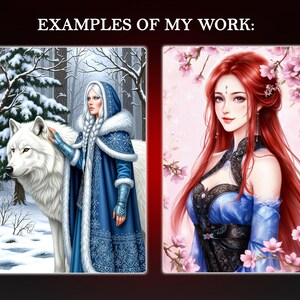 Majestic winter fantasy portrait of an elegant woman in a detailed ice-blue cloak standing beside a large white wolf in a snowy forest. Regal, calm, and magical atmosphere. Ideal for fantasy book covers, heroic character design, OC commissions, and high-detail digital art prints.

Soft romantic anime-style fantasy illustration of a beautiful red-haired girl surrounded by blooming cherry blossoms. Pastel aesthetic, elegant clothing, gentle emotional expression.
