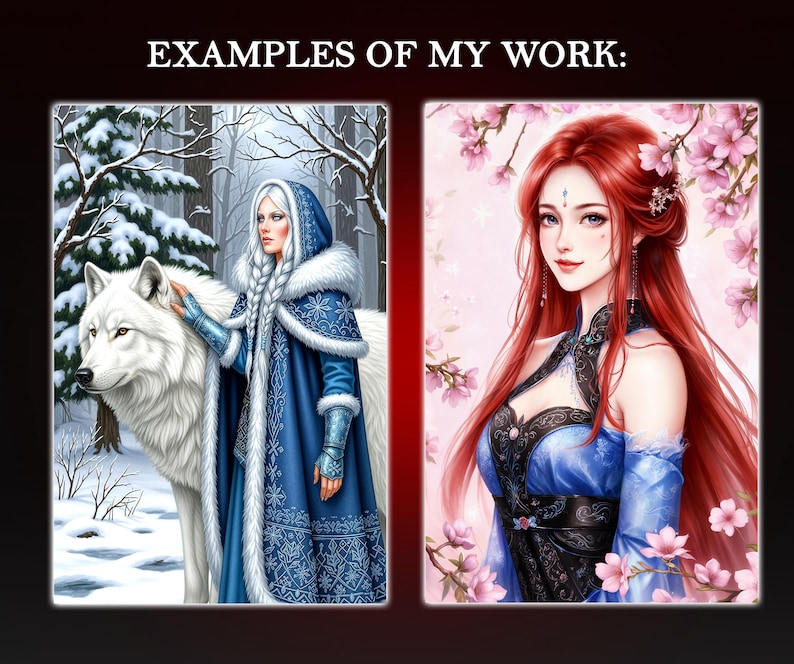 Majestic winter fantasy portrait of an elegant woman in a detailed ice-blue cloak standing beside a large white wolf in a snowy forest. Regal, calm, and magical atmosphere. Ideal for fantasy book covers, heroic character design, OC commissions, and high-detail digital art prints.

Soft romantic anime-style fantasy illustration of a beautiful red-haired girl surrounded by blooming cherry blossoms. Pastel aesthetic, elegant clothing, gentle emotional expression.