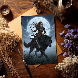 Dynamic fantasy character artwork of a strong female warrior riding a giant black wolf in moonlit grasslands. Atmospheric action scene, heroic and emotional mood. Ideal for book cover art, fantasy adventure stories, OC commissions, warrior character portraits, and high-detail digital illustration.